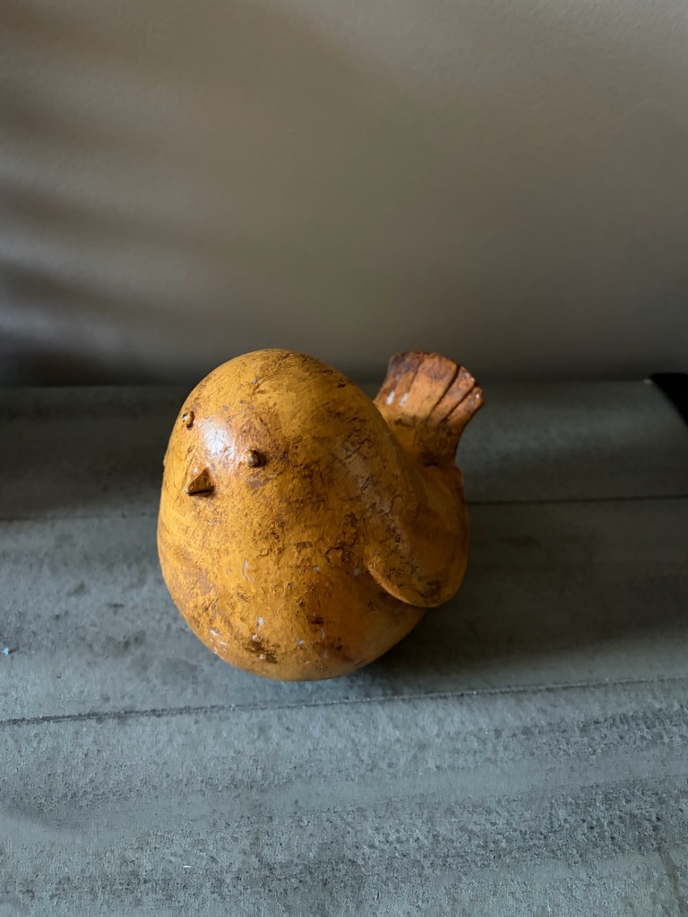 Hand Painted Wood Bird Figurine, Yellow/Brown, Free Standing 5x4 in